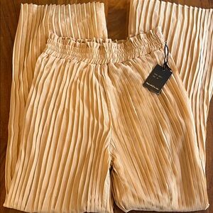 Wide leg Accordion Pleated Dress Pants Flowy Lightweight Lined tan peachy